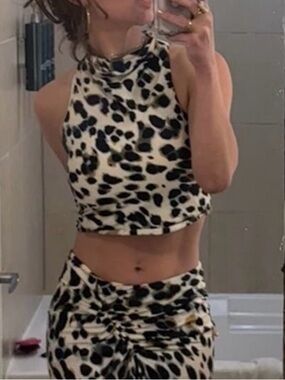 A.L.C. Sleeveless Lily Top Leopard Print Crop Top - White/Blue/Gold